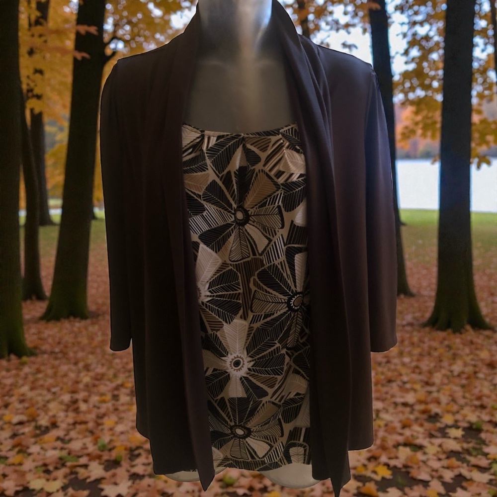 Brown Blouse with Attached Floral Pattern Front Size Medium